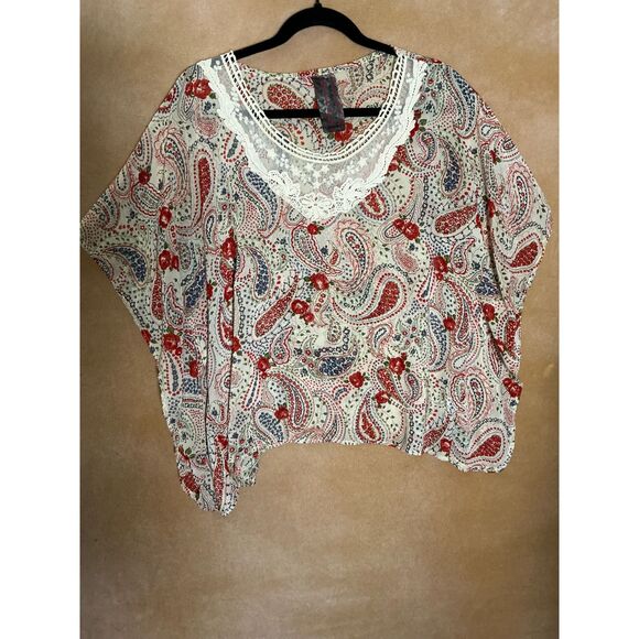 Tops - Womens‎ Wallpaper Her Boho Paisley Floral Print V Neck Crochet Trim Kaftan Top S